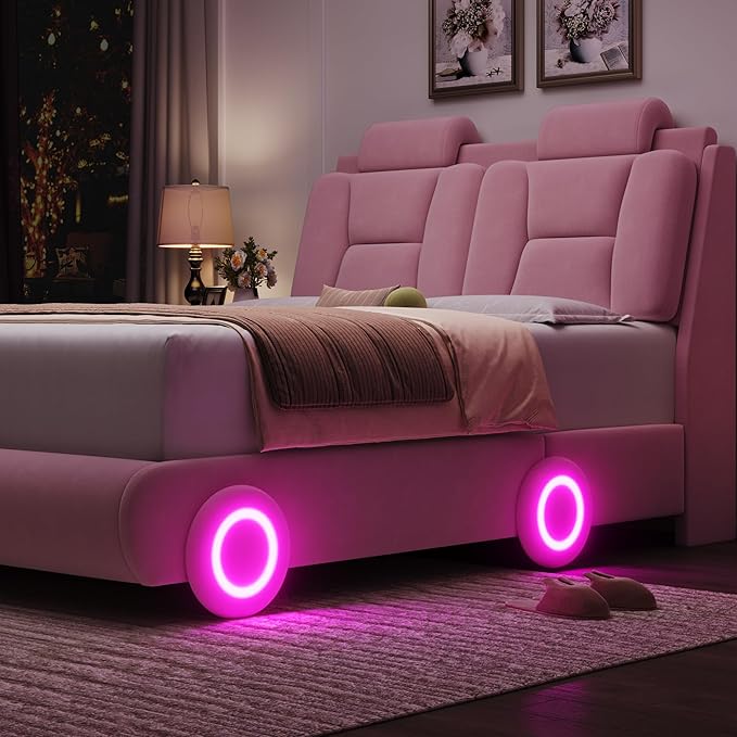 Keyluv Full Led Car Bed Frame with Wheels Decor & Adjustable Curved Headboard Modern Upholstered Platform Bed with Detachable Pillows Solid Wooden Slats Support No Box Spring Needed, Velvet Pink