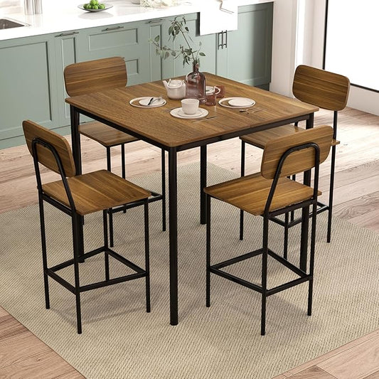 GOFLAME 5-Piece Dining Table Set for Small Space, Kitchen Table and Chairs Set for 4 with Steel Frame, Square Breakfast Table Set, Industrial Counter Height Table Set for Home, Restaurant & Cafe, Teak