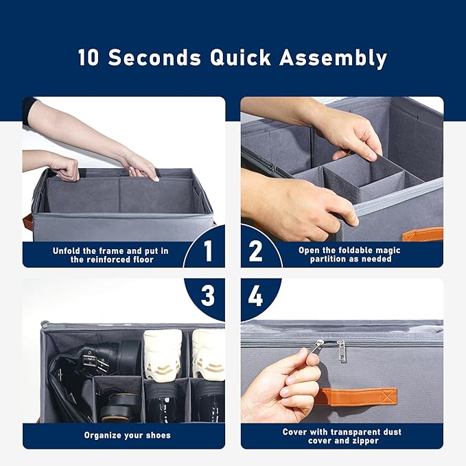 Shoe Organizer for Closet, Fabric Shoe Storage Bins with Clear Cover, Adjustable Dividers for Shoe Storage, Shoe Cube Organizer Fits up to 16 Pairs, Grey 1-Pack