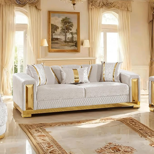 Furniture of America Samison II Glam Solid Wood Upholstered Couch with Accent Pillows, Damask Pattern and Gold Base, Comfortable Sofa for Living Room, Bedroom, Office, Beige