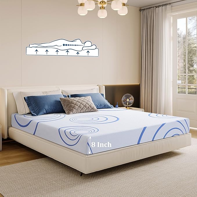 MLILY EGOHOME 8 Inch California King Mattress, Charcoal Gel Cooling Memory Foam Mattress in a Box, Medium Fiberglass Free, CertiPUR-US Certified, Blue