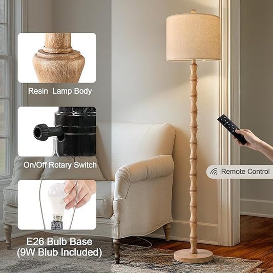 BOBOMOMO 62" Rustic Farmhouse Floor Lamp with Remote & Dimmable 9W Bulb, 3 Color Temperatures Resin Standing Lamp, Retro Corner Tall Lamp for Living Room, Bedroom, Nursery, Office, Reading Nock