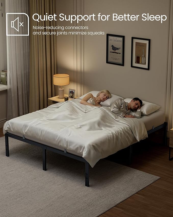 VASAGLE Queen Metal Bed Frame 16 Inches Tall, 1100 lb Weight Capacity, No Box Spring Needed, with Under-Bed Storage, Easy Setup, Heavy-Duty Platform Bed, Mattress Retainers, Matte Black URMB661BD02S