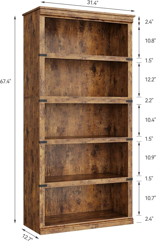 GAOMON 5 Tier Bookcase, Farmhouse Book Shelf with Storage Open Display Bookshelves,67.4" Tall Book Case Wooden for Home Office, Living Room, Bed Room (Brown, 67.4" H x 31.5" W x 12.8" D)