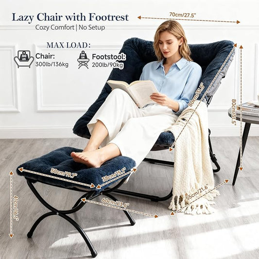 Saucer Chair with Ottoman, Comfy Doorm Chairs, Oversized Folding Faux Fur Chair, Foldable Metal Frame Chair for Bedroom, Living Room(Navy Blue)