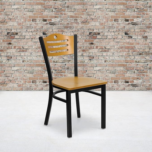 Flash Furniture 2 Pack HERCULES Series Black Slat Back Metal Restaurant Chair - Natural Wood Back & Seat