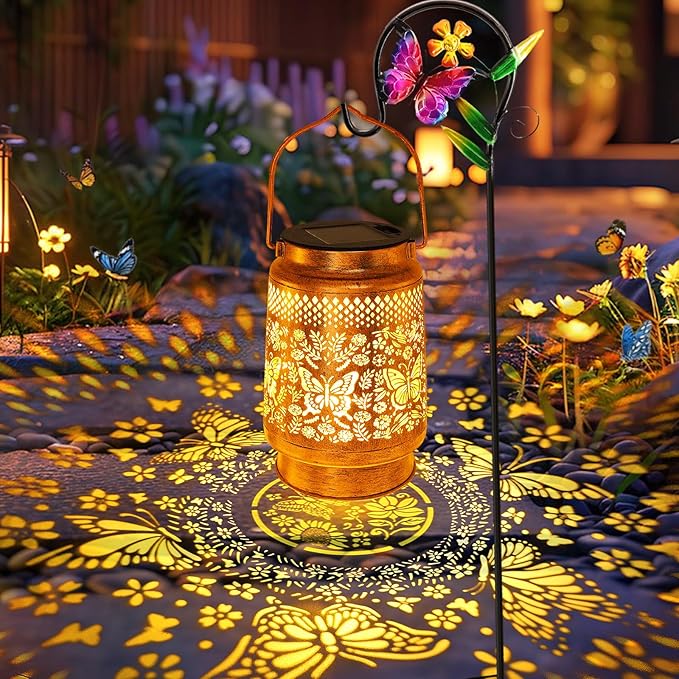 Solar Lanterns Outdoor Butterfly Garden Decor, Gifts for Women Mom Grandma Birthday, Waterproof Metal Hanging Solar Lights LED Decoration with Shepherd Hook Outside for Yard Patio Lawn Porch
