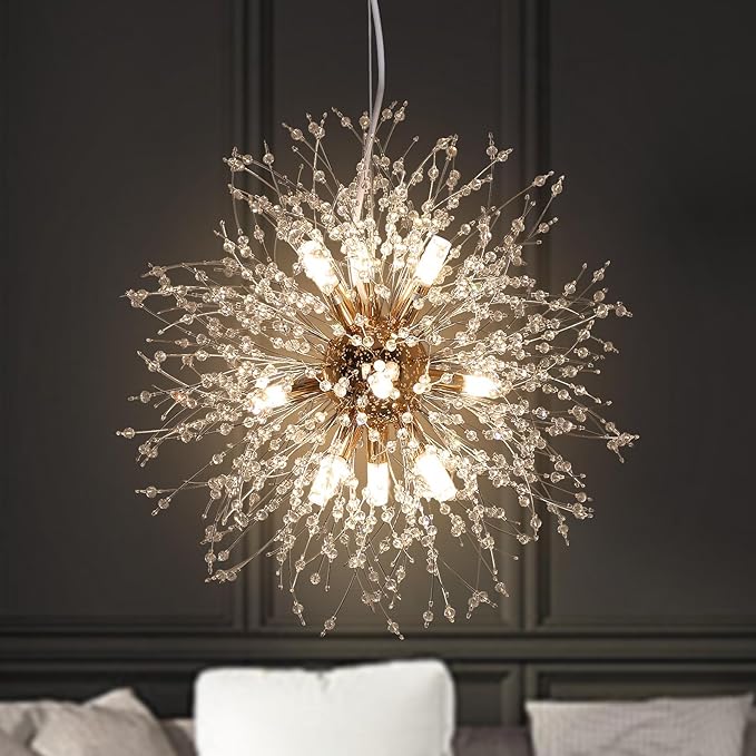 Depuley Modern Firework Gold Crystal Chandeliers, 9-Light Sputnik Dandelion Chandelier Light Fixture Pendant Lighting for Dining Room, Living Room, Bedroom, Kitchen, Restaurant(G9 Bulbs not Included)