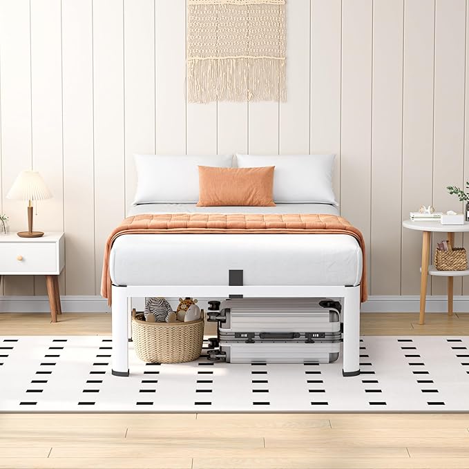 14 Inch White Twin Heavy Duty 3500 lbs Bed Frame with Round-Corner Legs & Anti-Squeak Design – Quick Assembly Metal Platform, No Box Spring Needed