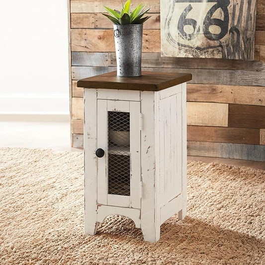 Signature Design by Ashley Wystfield Farmhouse Chair Side End Table with Cabinet Door for Storage, White & Brown with Distressed Finish