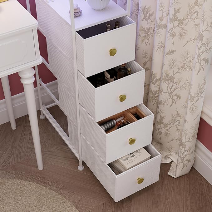 GiftGo Narrow Dresser with Charging Station LED Storage Tower with Fabric Chest of Drawers for Small Space Gap Open Shelf Skinny Dresser for Bedroom Closet, Bathroom (White, 4 Drawers)