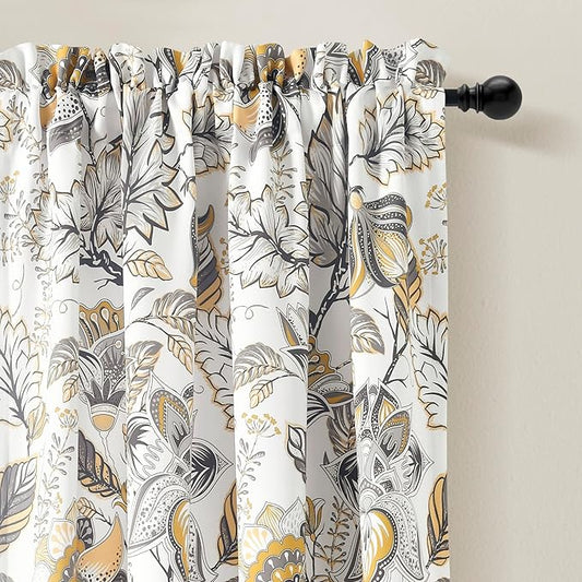 Lush Decor Cynthia Jacobean Light Filtering Window Curtain Panel Pair, 84" L x 52" W, Yellow & Gray