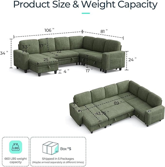 LINSY HOME Sectional Sleeper Sofa Pull Out Couches for Living Room (Green, Sleeper Sofa 4) | Pull Out Sofa Bed, Storage, USB Charging, Cup Holders, Plush Corduroy | Pull Out Sofa Bed, Storage, USB Charging, Cup Holders, Plush Corduroy, Convertible Sofa...