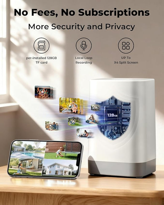 Security Cameras Wireless Outdoor 5G&2.4G, No Subscription, 2 Cam-Kit, 4MP Solar Powered 4CH Expandable Home Security Cameras System with 360°PTZ,128GB Local Storage,Color Night Vision WiFi Cameras