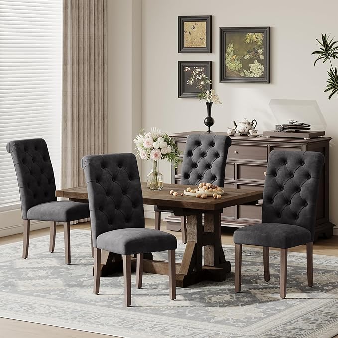 Upholstered Tufted Dining Room Chairs Set of 4, Parsons Kitchen Chairs with Padded Seat and Solid Wood Legs, Fabric Accent Side Diner Chair for Dining Room/Kitchen/Living Room, Black