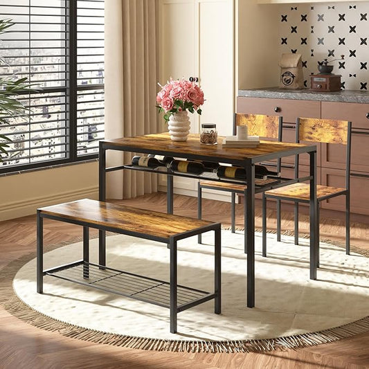 VECELO Kitchen Dining Room Table with 2 Chairs & Bench, Compact Space-Saving Design, Easy Assembly Steel Frame, Perfect for Small Apartments & Breakfast Nooks,Industrial