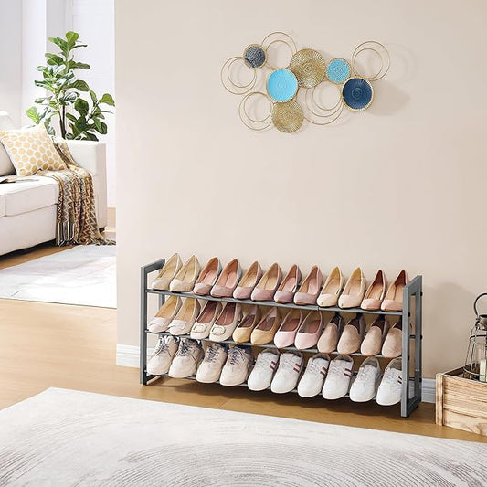 FAVOOSTY 3-Tier Expandable Shoe Rack, Adjustable Shoe Shelf Storage Organizer Space Saving Metal Free Standing Shoe Rack for Entryway Closet Doorway, Silver Grey