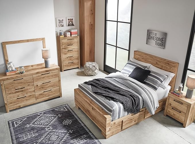 Signature Design by Ashley Hyanna Rustic Contemporary 2 Drawer Nightstand with 2 USB Charging Ports, Wood, 24.37" High, Light Golden Brown Finish