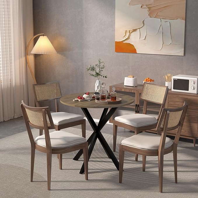 31.5" Round Dining Table for 2-4 People, Small Circle Kitchen Table with Black Metal Legs, Space-Saving Table for Apartments, Small Spaces (Rustic Brown)