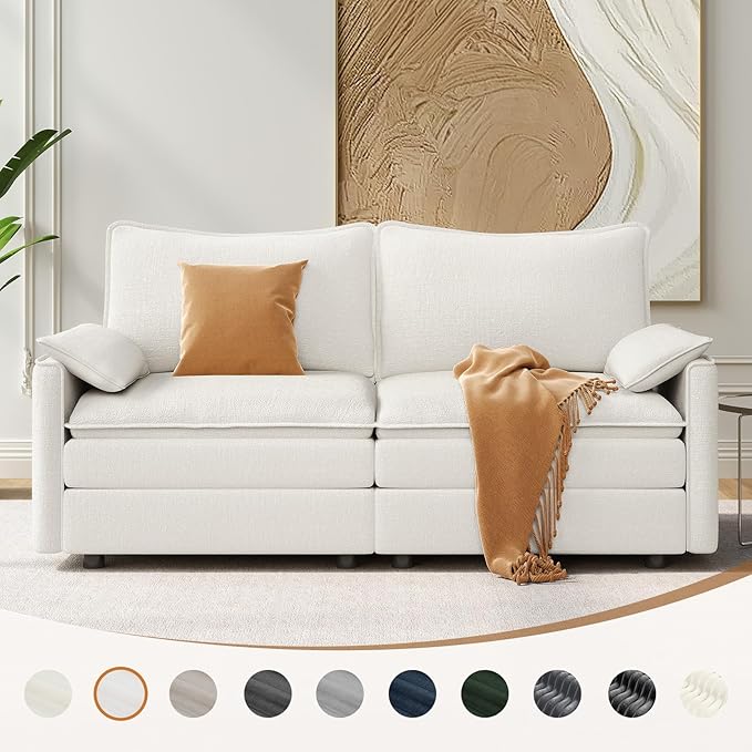 Vesgantti 74" Loveseat Sofa for Living Room, Comfy Cloud Couch Deep Seat Chenille Modern 2 Seater Small Sofa with Armrest Pillow, Easy Assembly for Small Spaces, Snow White | Sink-in Comfort, Height Adjustable, Easy Rearrangement, Extra-deep Ottoman, S...