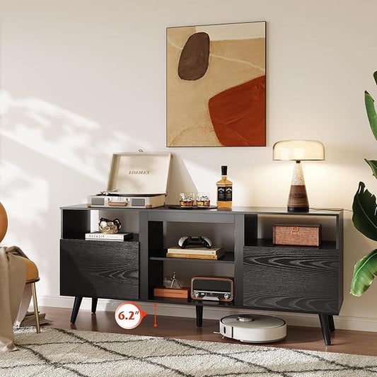 WLIVE Mid-Century Modern TV Stand for 55 60 65 Inch TV, Entertainment Center with Extra Open Shelf & Storage Cabinets, Media TV Console for Living Room Bedroom Office, Black