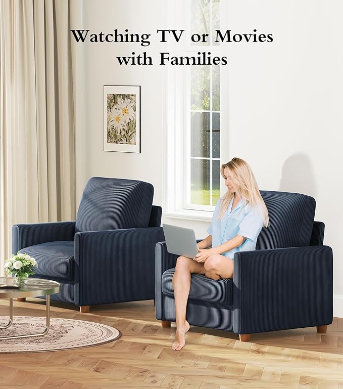 Kidirect 35.5in Oversized Accent Chair, Easy to Assemble Living Room Chairs, Corduroy Reading Chair for Bedroom, 22.5in Deeper Seats Accent Chairs for Living Room, Comfy Armchair Reading Nook, Blue