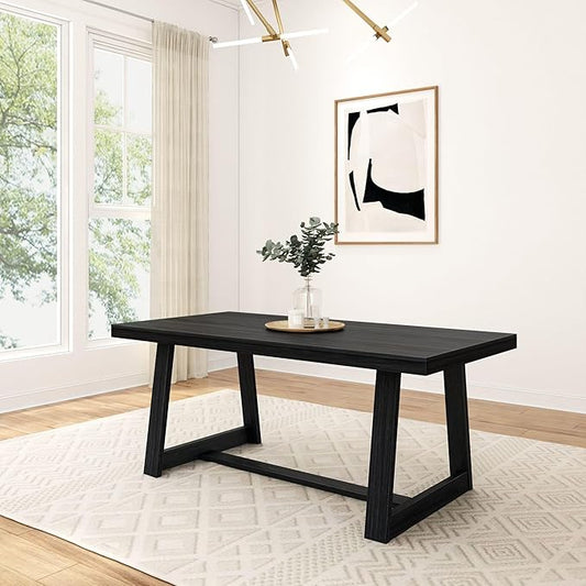 Plank+Beam 72" Farmhouse Dining Table and 60" Farmhouse Dining Bench, Solid Wood, Black Wirebrush Finish, Seats 6, Easy Assembly