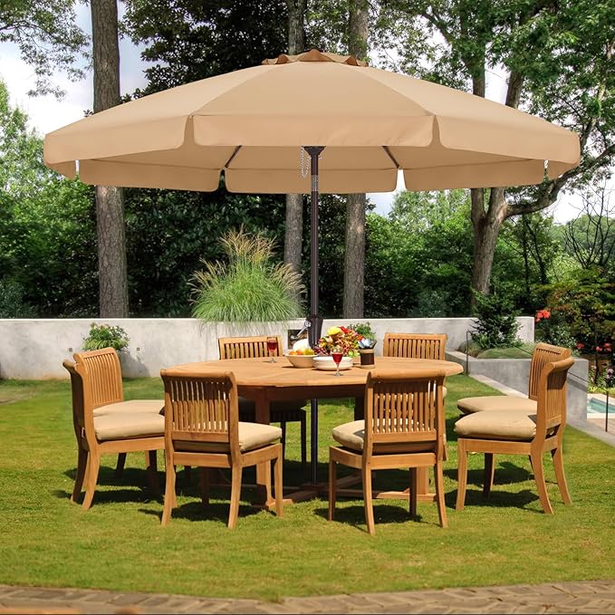 ABCCANOPY 9ft Scalloped Patio Umbrella, Outdoor Table Umbrella with Tilt and Crank, Fiberglass Ribs Deck Umbrella for Patio, Pool, Garden, Picnic (Tan)