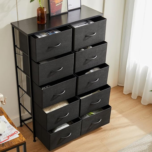 DUMOS Dresser for Bedroom, 10 Storage Drawers, Wide Fabric Closet Chests Organizer Tower Furniture with Wooden Top Metal Frame for Clothes, Guest Room, Living Room, Hallway, Entryway