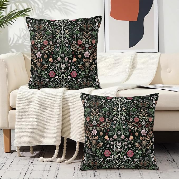 Black Sage Green Floral Pillow Covers 20x20 Set of 2 Vintage Botanica Fern Leaf Throw Pillow Cover Spring Flower Plants Farmhouse Pillowcases for Sofa Couch Home Decor