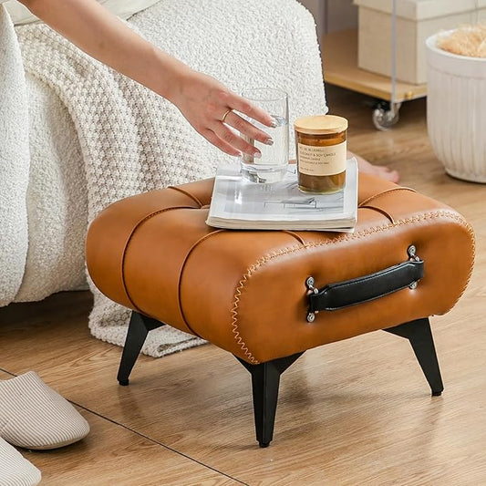 Small Footstool Ottoman - Stylish and Functional Faux Leather Footrest for Extra Seating in Living Room, Entryway, or Office