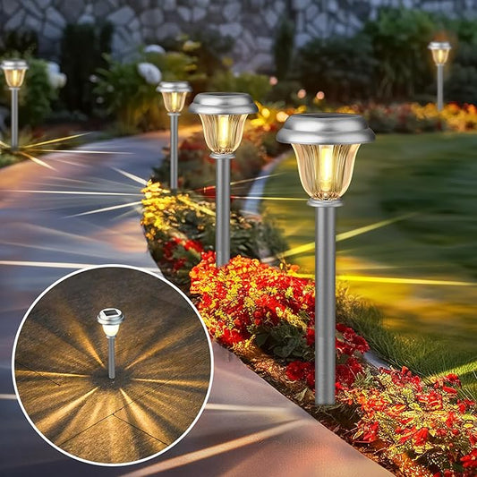 DERAYSION Solar Lights Outdoor Waterproof, Brushed Stainless Steel Glass Solar Pathway Lights, Auto On/Off Long-Lasting Outdoor Solar Lights for Garden, Landscape, Path, Yard 6 Pack