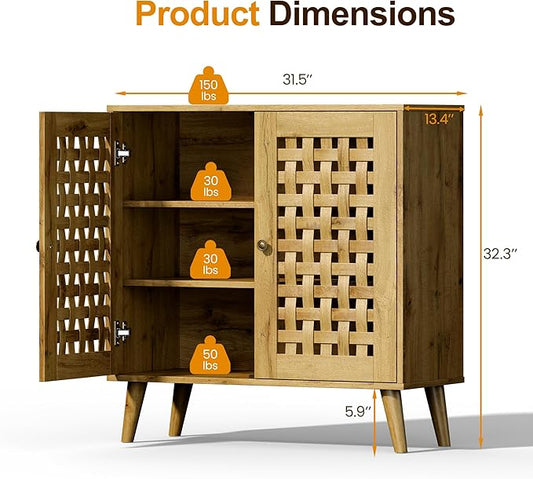 Vintage 2-Door Storage Cabinet Set of 2, Basket Weave Wooden Doors, Kitchen Sideboard with Adjustable Shelves, Coffee Bar Cabinet for Living Room, Hallway, Entryway, Natural Wood Color