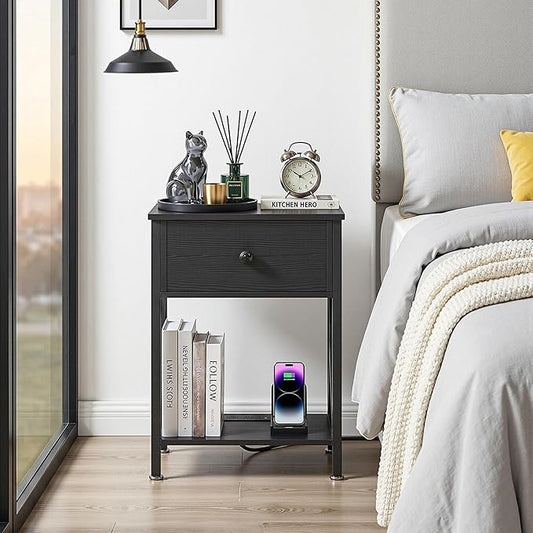 VECELO Nightstand Set of 2,End Tables with Charging Station,Bed Side Table with Open Shelf &USB Ports & Outlets,Small Dresser for Bedroom, Living Room,Black