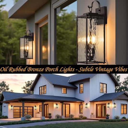 18” Large Oil Rubbed Bronze Outdoor Lighting 1 Pack, 2-Light Bulb Water Ripple Glass Exterior Light Fixture Brown Wall Sconce Outside Light for House IP65 Waterproof Front Porch Lantern, E12