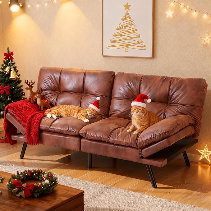 Opoiar Leather Brown Futon Sofa Bed Convertible Memory Foam Couch Bed Futon Sets Folding Modern Sleeper Sofa Loveseat for Studio,Drom,Apartment,Game Room and Small Space