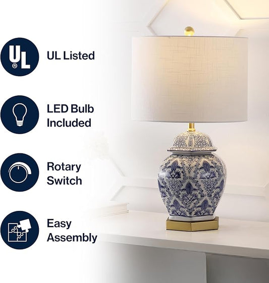 JONATHAN Y 25" Blue/White Classic Traditional Ginger Jar Ceramic LED Table Lamp, Chinoiserie Table Lamp for Living Room Bedroom, Gold Base, White Linen Shade, LED Bulb Included JYL3051A