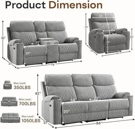 HAOMARKETS 3-Piece Power Recliner Sofa Set with Charging Port, Include Single Recliner Chair, 2-Seater Loveseat Reclining Couch and 3-Seater Reclining Sofa with Cup Holders for Living Room, Light Grey