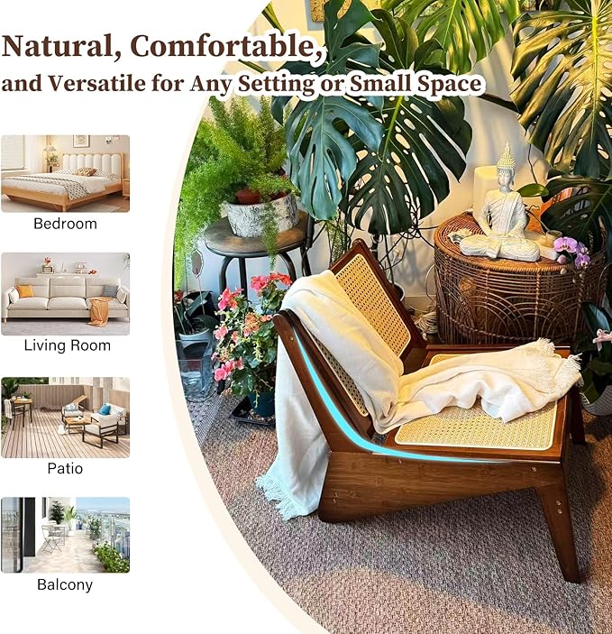 Rattan Chair 2Pcs, Mid-Century Accent Chair, Rattan Lounge Chair for Living Room, Boho Side Corner Comfy Chair for Bedroom and Balcony, Walnut