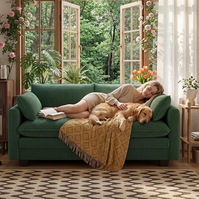 Gizoon 75” Small Cloud Loveseat Couches for Living Room, 2 Seater Love Seat Sofa with Comfy Deep Seat, Small Washable Couches with Removable Corduroy Cover for Apartment, Green