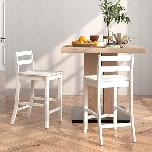 ERGOMASTER Set of 4 Kitchen Island Bar Stools 24 Inch Height with Footrest - 400 lbs Capacity Rubber Wood Counter Stools for Breakfast Nook, Home Pub (White)