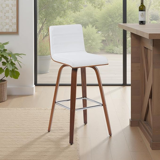 Vienna Modern Swivel Bar Height Stool with Snow White Faux Leather Seat and Walnut Finished Wood Frame Set of 2