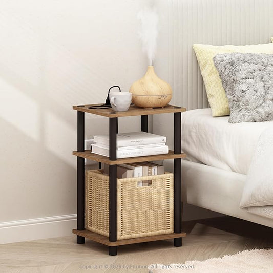 Furinno Just 3-Tier Turn-N-Tube USB and Type-C Charging Port End Table with Open Storage, 11.42 (W) x 8.82 (H) x 6.77 (D) inches, Flagstaff Oak/Black