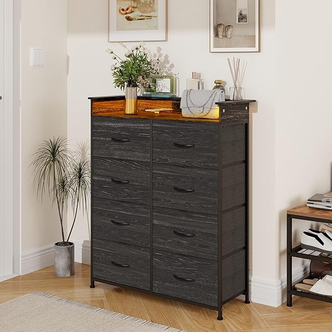 Fabric Dresser for Bedroom with LED Light and Charing Station Tall Dressers with 8 Drawers Black Dresser & Chest of Drawer for Closet Living Room Hallway Sturdy Steel Frame Wood Top