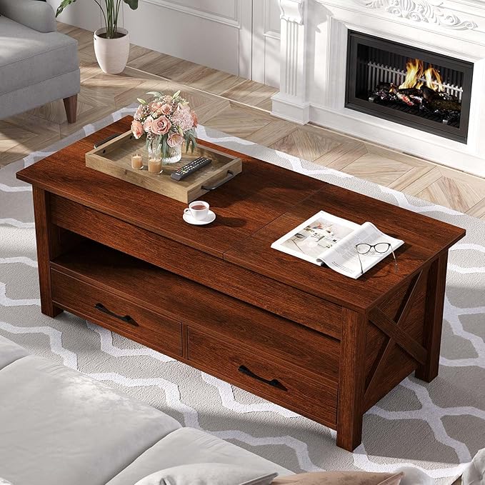 Seventable Coffee Table, 39.3" Lift Top Coffee Table with 2 Storage Drawers and Hidden Compartment, Farmhouse Center Table with Wooden Lift Tabletop, for Living Room,Espresso