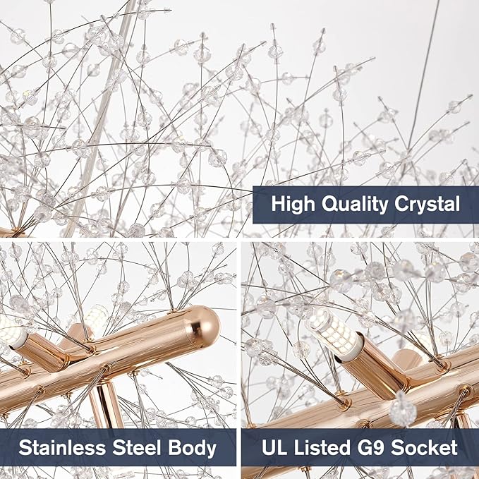 CM MZY 12-Light Crystal Firework Chandelier, Modern Dining Room Lighting Fixture, Gold Metal Finish