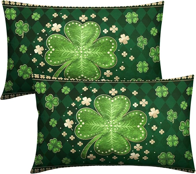 St Patricks Day Shamrock Lumbar Throw Pillow Covers 12x20 Set of 2 Green Buffalo Plaid Check Lucky Clovers Outdoor Decorative Pillow Covers Spring Rustic Pillow Cases for Farmhouse Living Room Decor