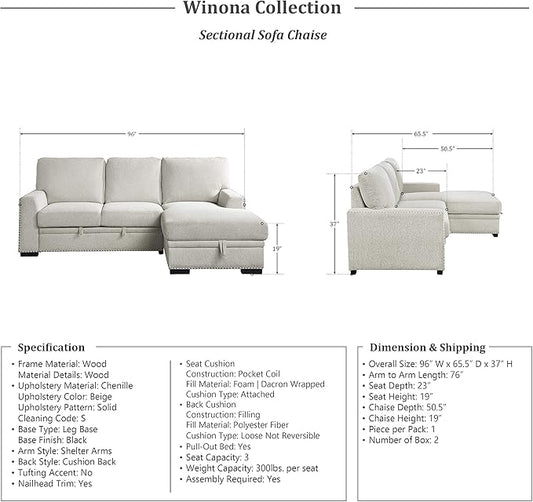Lexicon Mid Century Modern Sectional Sleeper Sofa Bed Couch with Storage Chaise, Sectional Sofa Pull Out Couch Bed, Sectional Couch Lounge Sofa for Living Room Apartment, Right Side Chaise, Beige