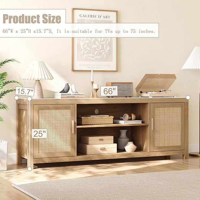 IDEALHOUSE Rattan TV Stand for 75 inch, Boho Entertainment Center with Adjustable Shelves, Natural Oak TV & Media Cabinet 2-Tier Storage for Living Room Bedroom
