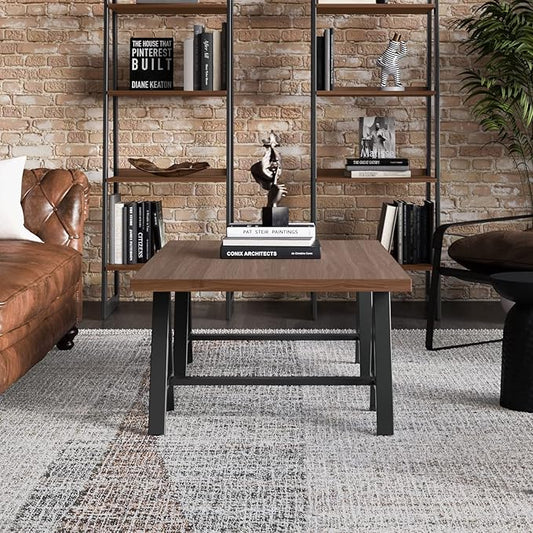 SIMPLIHOME Sawhorse 48 inch Wide Rectangle Industrial SOLID WALNUT WOOD and Metal Coffee Table in Walnut for the Living Room and Family Room